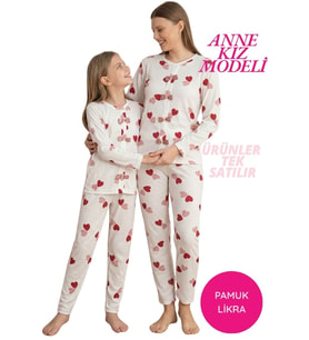 Tarık Kids Fiyonk Detay Kaşkorse Fitilli Mevsimlik Kumaş Uzun Kol Pijama Takımı-Anne Kız Modeli-TEK ÜRÜN FİYATI (Beyaz-Pembe)