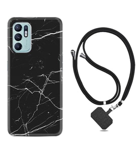 Oppo Reno 6 Kılıf Resimli Boyun Askılı İpli Desenli Silikon Siyah Mermer 1299