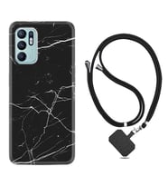 Oppo Reno 6 Kılıf Resimli Boyun Askılı İpli Desenli Silikon Siyah Mermer 1299