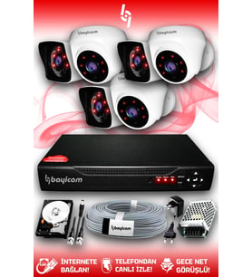 BAYICAM 6 Kameralı Kare 3 İç Kamera Set 100 GB HDD Full HD Gece Görüşlü Güvenlik Kamerası Sistemi
