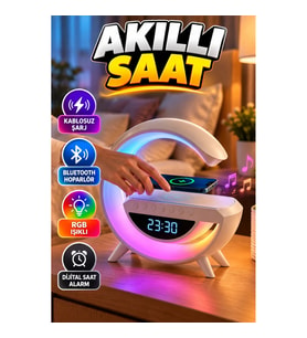 Çok Fonksiyonlu Kablosuz Şarjlı Bluetooth Hoparlörlü Dijital Saat RGB Işıklı Alarm Cihazı