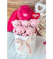 SOLE Premium Özel Hediye Kutusunda 45 cm Fuşya Bunny Tavşan ve 5 Adet Pembe Peluş Ayıcık Buketi (Kırmızı)