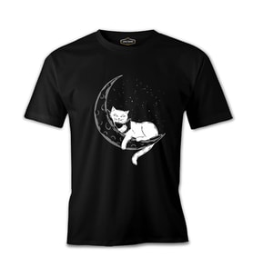 Black Cat Reading on the Moon Siyah Erkek Tshirt