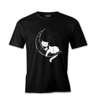 Black Cat Reading on the Moon Siyah Erkek Tshirt
