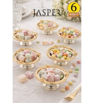 Jasper 6'lı Gümüş, Gold Kenarlı Kahve Yanı Lokumluk  Ayaklı Gold Çerçeveli Şık Sunumluk