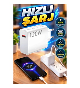 Type C 120W Ultra Plus++ Hızlı Şarj Adaptörü Beyaz