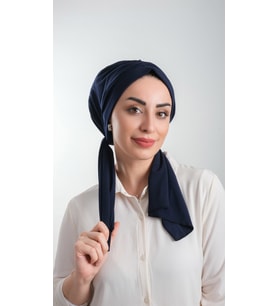 Lacivert Pratik Hazır Geçmeli Tesettür Bone Kesik Elyaf Sade 2111_02