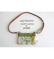 Yarımada Urla Yeşil İlkbahar CLUTCH Keten Kadın El Çantası Deri Askılı