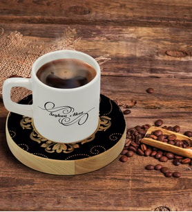 BK Gift Kişiye Özel Retro Motif Tasarımlı Doğal Ahşap Tabaklı Türk Kahvesi Fincanı Model 10