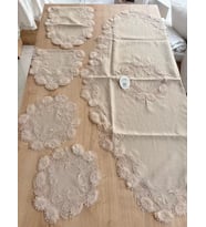 Salon Takımı Çeyizlik Kapiçino Runner Set 5 Parça Keten Masa Örtüsü Runneri Flowers