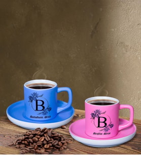 BK Gift Kişiye Özel Baş Harf İsimli Pembe ve Mavi Renk İkili Türk Kahvesi Fincan Seti-1, Ev Hediyesi, Arkadaşa Hediye, Doğum Günü Hediyesi