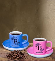 BK Gift Kişiye Özel Baş Harf İsimli Pembe ve Mavi Renk İkili Türk Kahvesi Fincan Seti-1, Ev Hediyesi, Arkadaşa Hediye, Doğum Günü Hediyesi