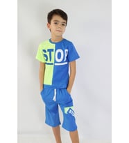 Erkek Çocuk Bisiklet Stop  Baskılı Kısa Kollu Basic Kaprili Takım 6-9 Yaş (Mavi)