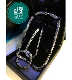 Erkek Gümüş Set - 6.5mm Kare Kesim Yassı Kral • Işıklı Kutuda • Sevgiliye • Eşe Bileklik Kolye
