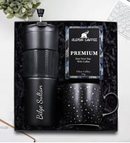 Kişiye Özel 450 ML Siyah French Press Çelik Termos & Yıldız Desenli Siyah Mat Kupa & Alerya Filtre Kahve Hediye Seti (Model 1)