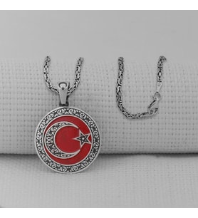 Gravür İşlemeli 925 Ayar Erkek Gümüş Büyük Boy Ay Yıldız Kolye