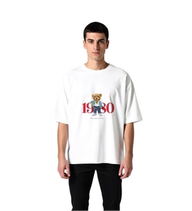 Erkek Oversize Tişört %100 Pamuk Retro Grafik Baskılı Ayı Desenli Rahat Kesim Günlük Giyim Modern