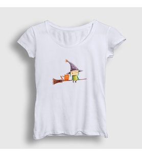Presmono Kadın Beyaz Cat And Witch Kedi T-Shirt 287518tt (Beyaz)