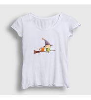 Presmono Kadın Beyaz Cat And Witch Kedi T-Shirt 287518tt (Beyaz)