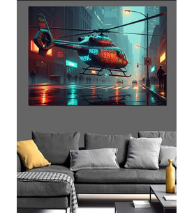 Gece Şehrinde Modern Helikopter Dekoratif Kanvas - Mdf Ahşap Tablo