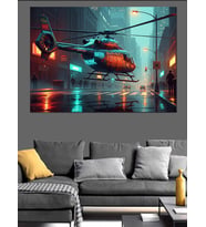 Gece Şehrinde Modern Helikopter Dekoratif Kanvas - Mdf Ahşap Tablo