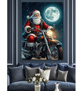 Motosikletli Noel Baba Gece Yolculuğu Dekoratif Kanvas - Mdf Ahşap Tablo