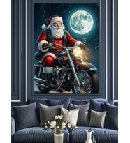 Motosikletli Noel Baba Gece Yolculuğu Dekoratif Kanvas - Mdf Ahşap Tablo