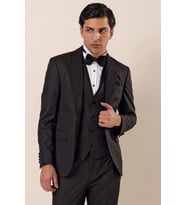 Siyah Desenli Çıkarılabilir Şal Yaka Yelekli 6 Drop Slim Fit Smokin Damatlık Takım 1001230203
