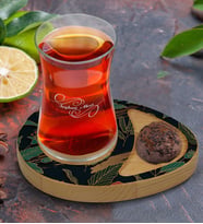 BK Gift Kişiye Özel Çiçekler Tasarımlı Doğal Ahşap Tabaklı Heybeli Çay Bardağı Sunum Seti Model 2