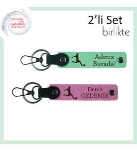 Futbol Temalı Mezuniyet Hediyesi, Erkek Kardeşe Kişisel İsimli Deri Anahtarlık, Açık Yeşil-Pembe