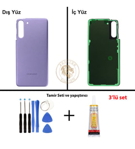 Samsung Galaxy S21 Mor Renk Arka Kapak + Tamir Seti + B7000 Yapıştırıcı Arka Cam Batarya Kapağı Pil Kapağı Lazer Kesim Back Cover Galaxy S21 Uyumlu