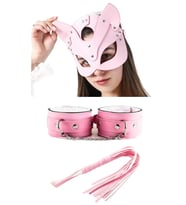 Mulvxbrf Brf02  Deri  Pembe Kedi Maske Kelepçe Kırbaç Seti ( 3'Lü Set) (Mulvix)