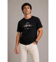 Erkek Müzik Temalı Baskılı Tişört Bisiklet Yaka Kısa Kol T-Shirt - Siyah