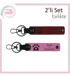 Kedi Sahibi Arkadaşa Uygun Armağan, Kalpli Pati Desenli 2’li Deri Set, İsim Yazılabilir, Bordo-Pembe