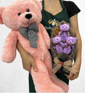 Özel Tasarım 3'lü Peluş Ayıcık Buketi ve Büyük Boy Pembe Peluş Ayıcık (Model 2)