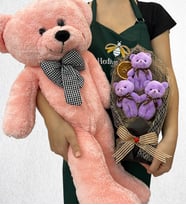 Özel Tasarım 3'lü Peluş Ayıcık Buketi ve Büyük Boy Pembe Peluş Ayıcık (Model 2)