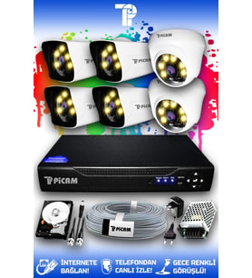 PICAM 6 Kameralı Kare 2 İç Kamera Set 100 GB HDD Full HD Renkli Gece Görüşlü Güvenlik Kamerası Sistemi