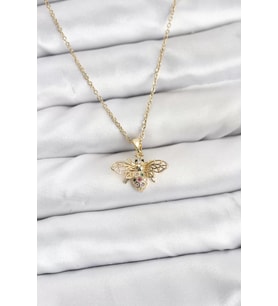 316L Çelik Zincir Gold Renk Sinek Model Zirkon Taşlı Kadın Kolye - TJ-BKO10875