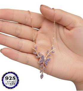 Premium Tasarım 925 Ayar Gerçek Ametist Taşlı Gümüş Kelebek Kolye