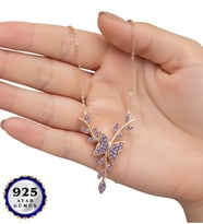 Premium Tasarım 925 Ayar Gerçek Ametist Taşlı Gümüş Kelebek Kolye