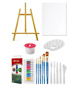 Acuto Masaüstü Şövale Red Apple Akrilik Boya Seti 9 ml 12'li Tuval Seti 35x50 Plastik Spatula Seti