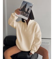 Yarım Fermuarlı Üç İplik Sweatshirt - Bej