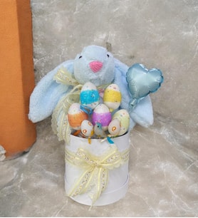 SOLE Premium Paskalya Temalı 45 cm Mavi Bunny Tavşan Hediye Kutusu - Dekoratif Yumurta ve Kalp Balon Detaylı