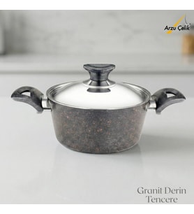 ARZU ÇELİK 18 Cm Granit Derin Tencere Çelik Kapak - Siyah