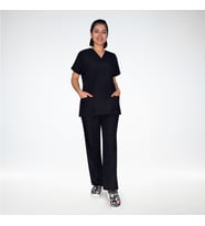 Unisex Siyah Terikoton Scrubs Doktor Hemşire  Alt Üst Takım