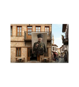 Askeri Üniformalı Mustafa K. Atatürk Poster Bayrak Premium Raşel Kumaş 300x450cm ATA84