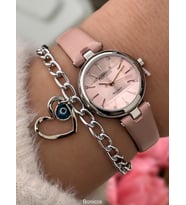 Ferrucci Pembe Deri Kordon Kadın Kol Saati +Kalp  Bileklik Hediyeli
