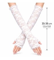 Uzun Zarif Dantel Eldiven Parmaksız Beyaz 35 Cm