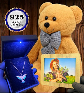 Kişiye Özel Premium Set Büyük Boy Kahve Peluş Ayıcık ve Gerçek 925 Ayar Gümüş Kolye (Model 7)