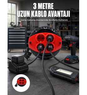 Mey İthalat® 3 Metre Kablolu 4’lü Kırmızı Priz Makara